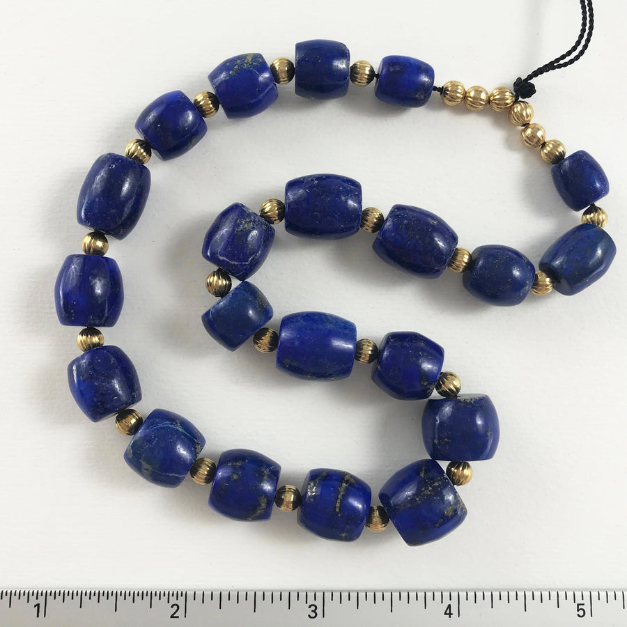 Lapis Barrel Graduated, With Gold Vermeill Spacer Beads Bead Strand (LAP_011)