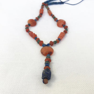 Lapis, Carnelian, Serpentine Bead Strand with Various Carved Carnelian Beads, Silver Spacer Beads (LAP_034)