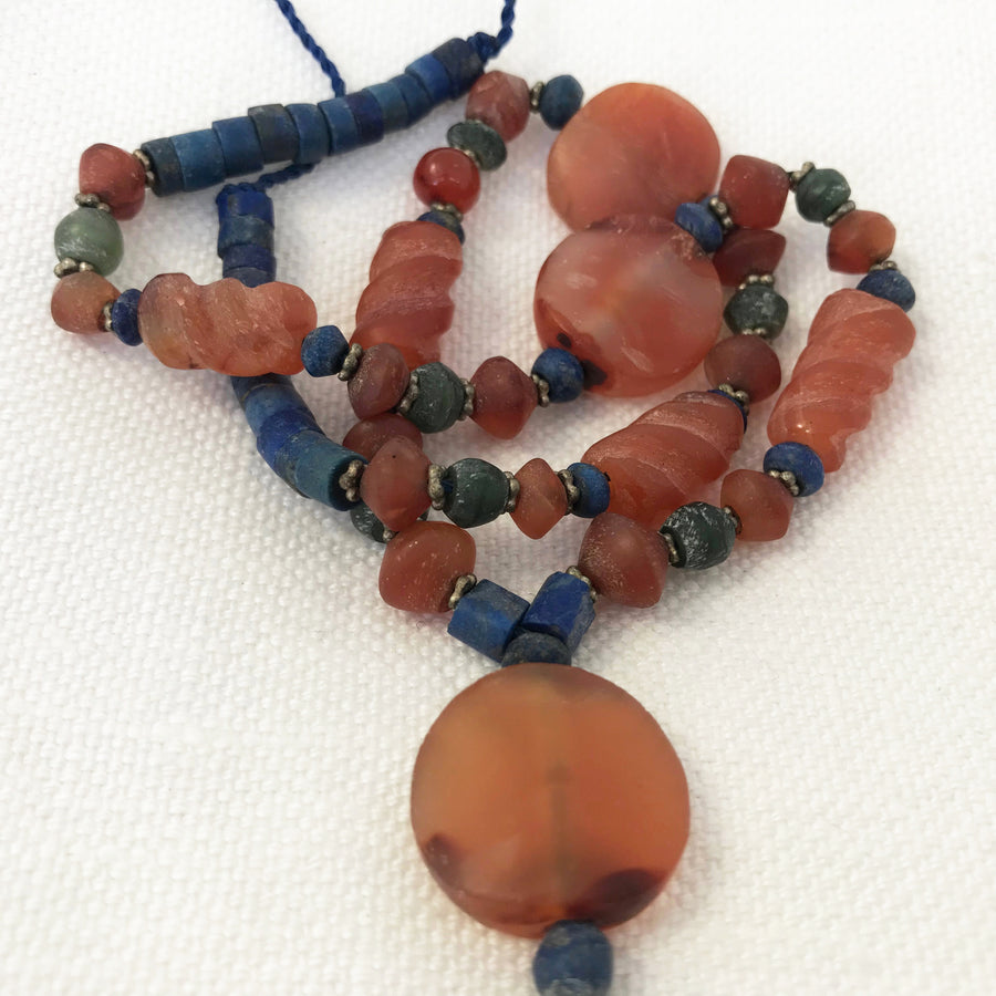 Lapis, Carnelian, Serpentine Bead Strand with Various Carved Carnelian Beads, Silver Spacer Beads (LAP_034)