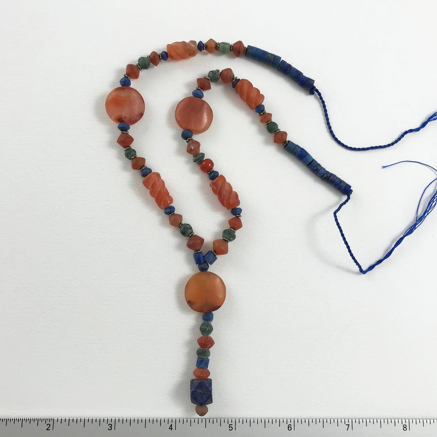 Lapis, carnelian, serpentine Smooth, faceted Heishi, bicone With Various Carved Carnelian Beads, Silver Spacer Beads Bead Strand (LAP_034)