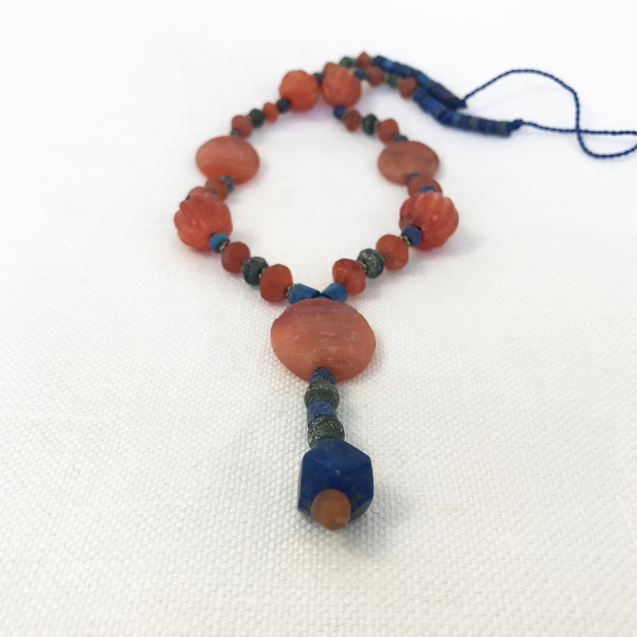 Lapis, Carnelian, Serpentine Bead Strand with Various Carved Carnelian Beads, Silver Spacer Beads (LAP_035)