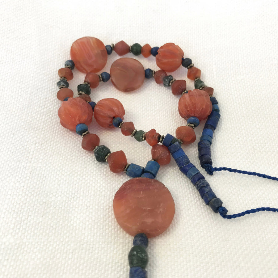 Lapis, carnelian, serpentine Smooth, faceted Heishi, bicone With Various Carved Carnelian Beads, Silver Spacer Beads Bead Strand (LAP_035)