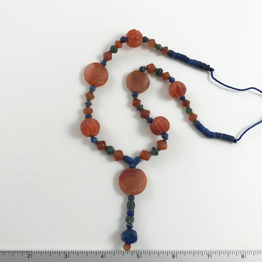 Lapis, carnelian, serpentine Smooth, faceted Heishi, bicone With Various Carved Carnelian Beads, Silver Spacer Beads Bead Strand (LAP_035)