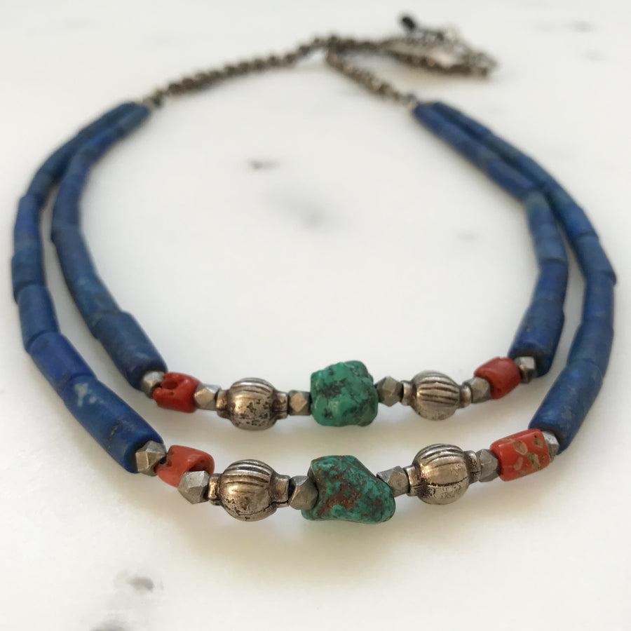 Antique Tibetan Lapis, Coral, Turquoise, Silver Necklace (TBT_001j)