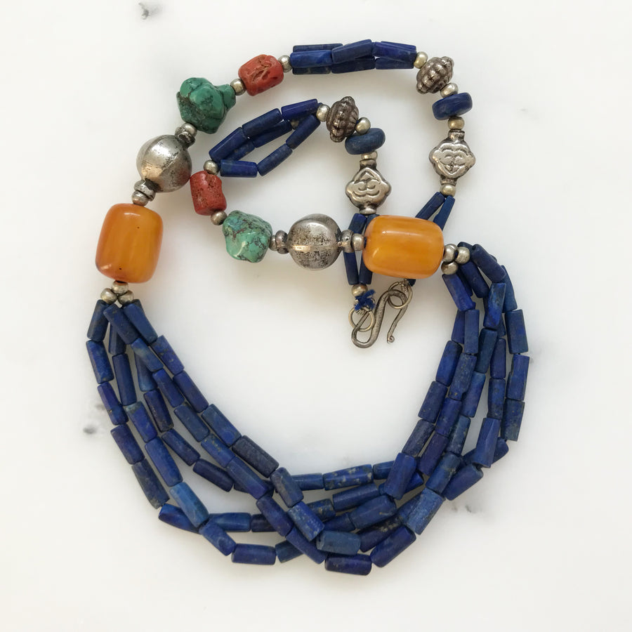 Antique Tibetan Lapis, Coral, Turquoise, Mila Amber, Silver Necklace (TBT_002j)