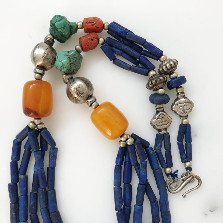 Antique Tibetan Lapis, Coral, Turquoise, Mila Amber, Silver Necklace (TBT_002j)