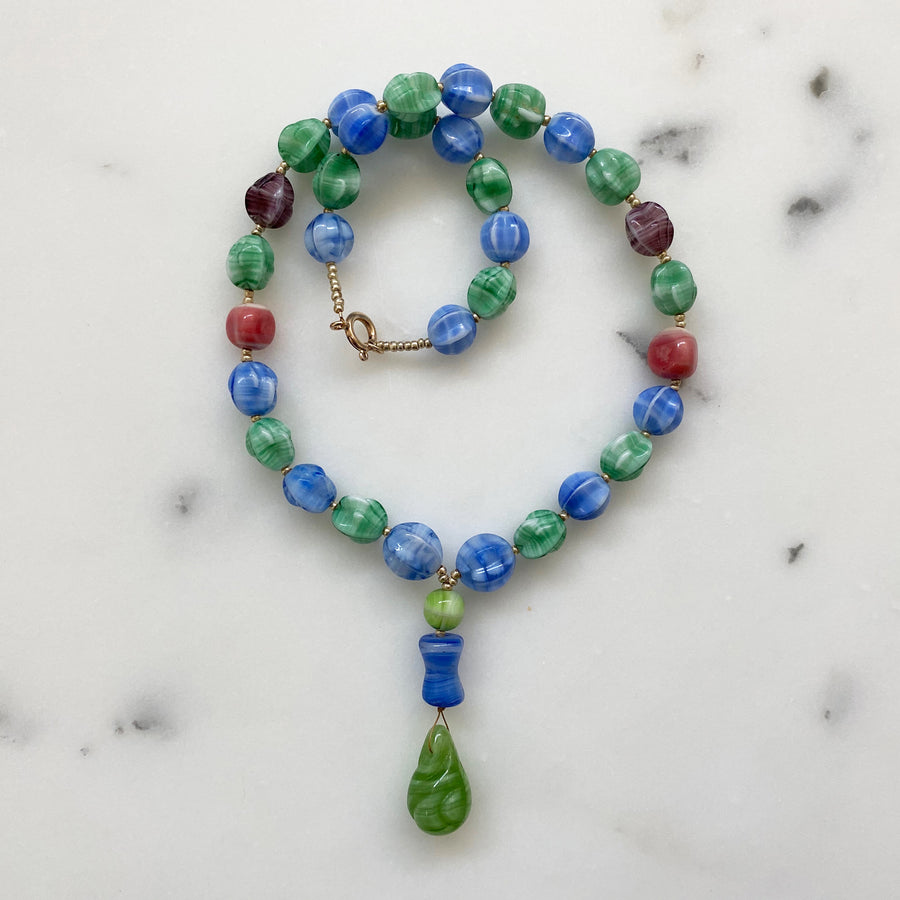 Multi-colored Glass Necklace With Teardrop Dangle (VIN_016j)