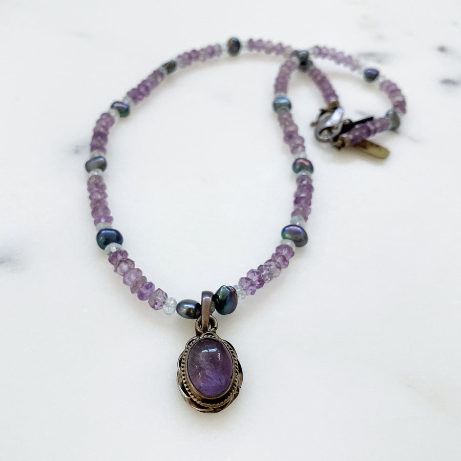Amethyst, Aquamarine, Black Pearl Necklace with Amethyst Pendant (VIN_027j)