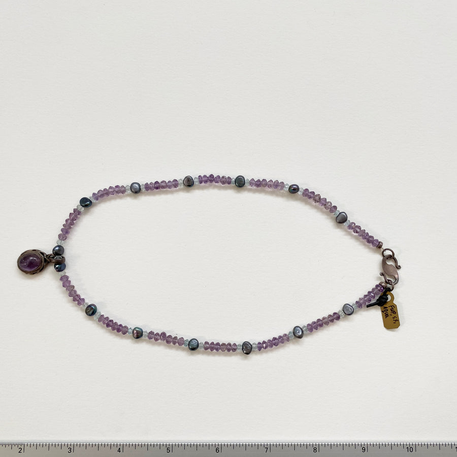 Amethyst, Aquamarine, Black Pearl Necklace with Amethyst Pendant (VIN_027j)